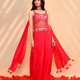 Bright Red Satin Crepe Indo-Western Set