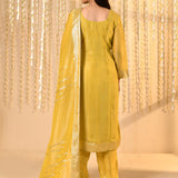 Bright Yellow Floral Banarasi Tissue Kurta Set