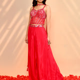 Bright Red Satin Crepe Indo-Western Set