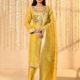 Bright Yellow Floral Banarasi Tissue Kurta Set