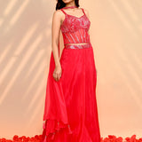 Bright Red Satin Crepe Indo-Western Set