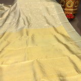 Sophisticated Muted Grey & Gold Handwoven Kanjivaram Silk Saree With Intricate Jaal Weave