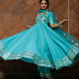 Sky Blue Cotton Anarkali Set With Gota Mirror Work