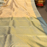 Exquisite Pastel Beige & Blue Dual-Tone Handwoven Kanjivaram Silk Saree