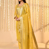 Bright Yellow Floral Banarasi Tissue Kurta Set