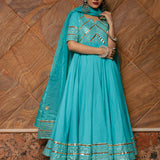 Sky Blue Cotton Anarkali Set With Gota Mirror Work