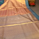 Orange Kanjivaram Silk Saree With Teal Border And Multicolour Sunflower Weave