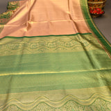 Elegant Peach And Green Kanjivaram Silk Saree With Gold Zari Peacock Motifs