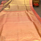 Gorgeous Metallic Beige And Pink Kanjivaram Silk Saree With Gold Zari Peacock Motifs