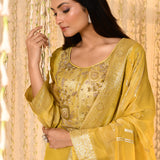 Bright Yellow Floral Banarasi Tissue Kurta Set