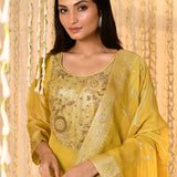 Bright Yellow Floral Banarasi Tissue Kurta Set