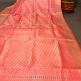 Kanjivaram Silk Saree In Coral Red With Dual-Tone Zari Rose Floral Jaal And Self Gold Geometric Border