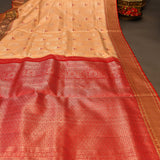 Peach Kanjivaram Silk Saree With Black And Red Border And Gold Zari Floral Weave