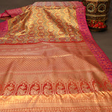 Kanjivaram Rangkat Silk Saree In Peach With Multicolour Paisley Jaal And Contrast Pink Geometric Star Border
