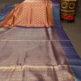 Orange Kanjivaram Silk Saree With Steel Blue Border And Multicolour Floral Weave
