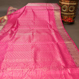 Kanjivaram Silk Saree In Hot Pink With Gold Zari Leaf Jaal And Contrast Antique Gold Multicolour Rose Medallion Border