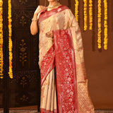 Metallic Gold With Red Contrast Border In Kanjivaram Tissue Silk Saree