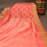 Kanjivaram Silk Saree In Coral Pink With Multicolour Floral Medallion Border And Antique Gold Pallu