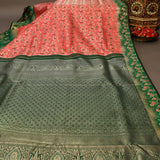 Elegant Peach And Green Floral Kanjivaram Silk Saree