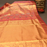 Kanjivaram Silk Saree In Coral Orange With Multicolour Parrot Shikargah And Contrast Pink Gold Zari Border