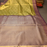 Olive Green Kanjivaram Silk Saree With Purple Border And Gold Zari Floral Weave