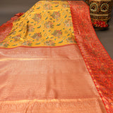 Golden Yellow Kanjivaram Silk Saree With Pink Floral Border