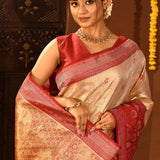 Metallic Gold With Red Contrast Border In Kanjivaram Tissue Silk Saree
