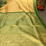 Majestic Mustard Yellow And Green Kanjivaram Silk Saree With Gold Zari Floral Jaal