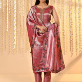 Shiny Pink Floral Tissue Kurta Set