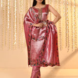 Shiny Pink Floral Tissue Kurta Set