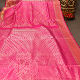 Kanjivaram Silk Saree In Hot Pink With Gold Zari Floral Jaal Body And Elephant Gaja Border