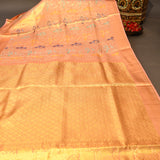 Kanjivaram Silk Saree In Peach With Multicolour Parrot Buttas And Antique Gold Zari Self Border