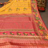 Radiant Yellow & Contrast Red Handwoven Kanjivaram Silk Saree With Traditional Shikargah Motifs