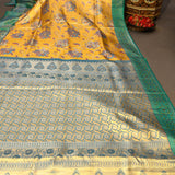 Mustard Yellow Kanjivaram Silk Saree With Teal Border And Multicolour Geometric Star Weave