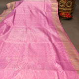 Kanjivaram Silk Saree In Lavender With Silver Zari Leaf Jaal And Contrast Antique Gold Multicolour Floral Medallion Border