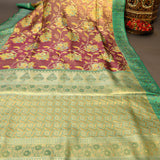 Teal Green Kanjivaram Silk Saree With Maroon Body And Gold Zari Geometric Weave