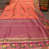 Kanjivaram Silk Saree In Orange Red With Multicolour Elephant Shikargah And Contrast Purple Paisley Floral Border