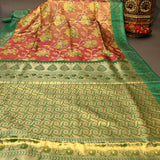 Exquisite Copper-Red And Green Kanjivaram Silk Saree With Geometric Weaving