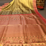 Heritage Olive Green And Pink Kanjivaram Silk Saree With Gold Zari Floral Jaal
