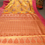 Mustard Yellow Kanjivaram Silk Saree With Pink Border And Multicolour Floral Weave