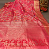 Kanjivaram Silk Saree In Crimson Red With Multicolour Floral Jaal And Gold Zari Swan Border