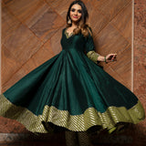 Bottle Green Silk Blend Anarkali Set With Zari Striped Border