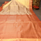 Beige Kanjivaram Silk Saree With Red Border And Gold Zari Lotus Weave