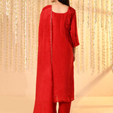 Bright Red Satin Silk Floral Kurta Set