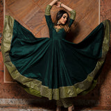 Bottle Green Silk Blend Anarkali Set With Zari Striped Border