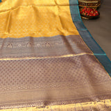 Mustard Gold Kanjivaram Silk Saree With Teal Border And Multicolour Sunflower Weave