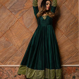 Bottle Green Silk Blend Anarkali Set With Zari Striped Border