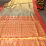 Sage Green Kanjivaram Silk Saree With Red Border And Gold Zari Paisley Weave