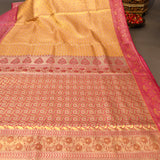 Mustard Yellow Kanjivaram Silk Saree With Pink Border And Gold Zari Paisley Weave