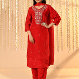 Bright Red Satin Silk Floral Kurta Set